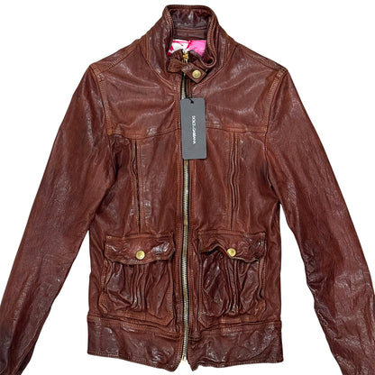 DOLCE & GABBANA BROWN DISTRESSED LEATHER JACKET