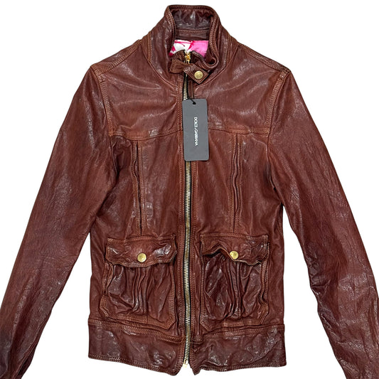 DOLCE & GABBANA BROWN DISTRESSED LEATHER JACKET