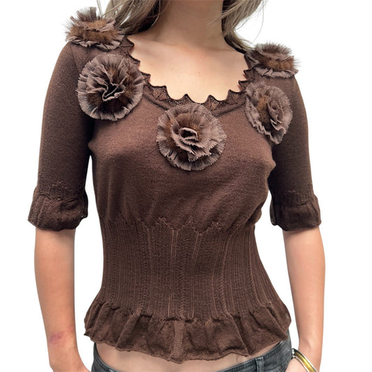 BLUMARINE BROWN MESH FLOWER KNIT TOP