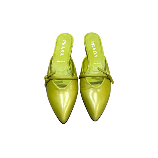 PRADA GREEN LEATHER MULES