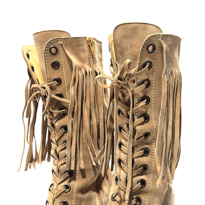 MIU MIU FRINGE TAUPE SUEDE BOOTS