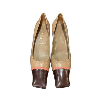 PRADA BEIGE LEATHER BROWN BLOCK HEELS