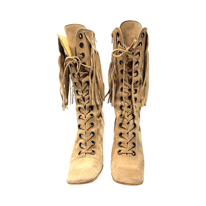 MIU MIU FRINGE TAUPE SUEDE BOOTS