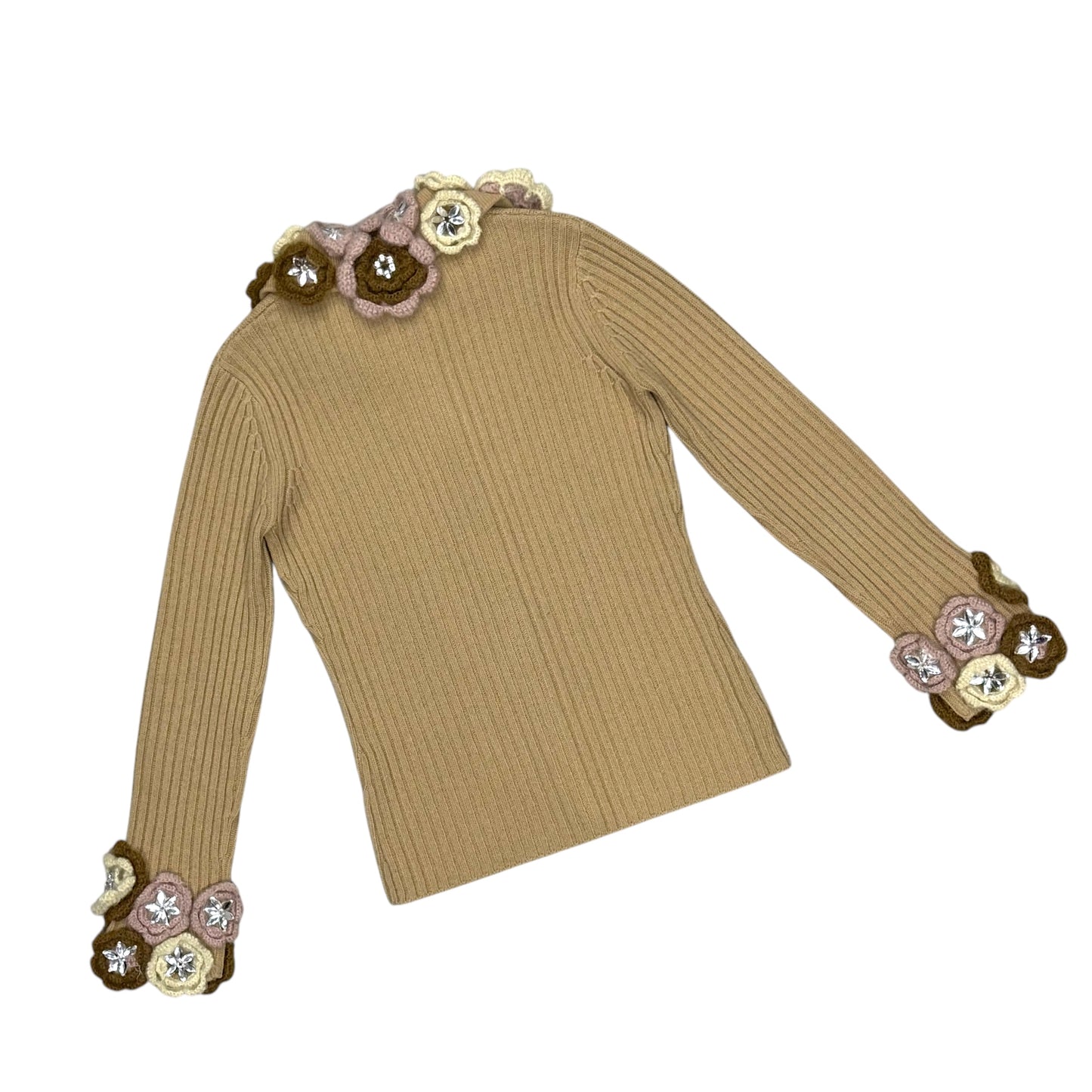 MOSCHINO TAN FLOWER KNIT CARDIGAN