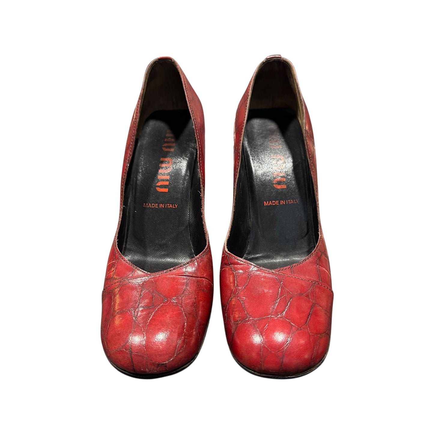 MIUMIU RED CROC LEATHER HEELS