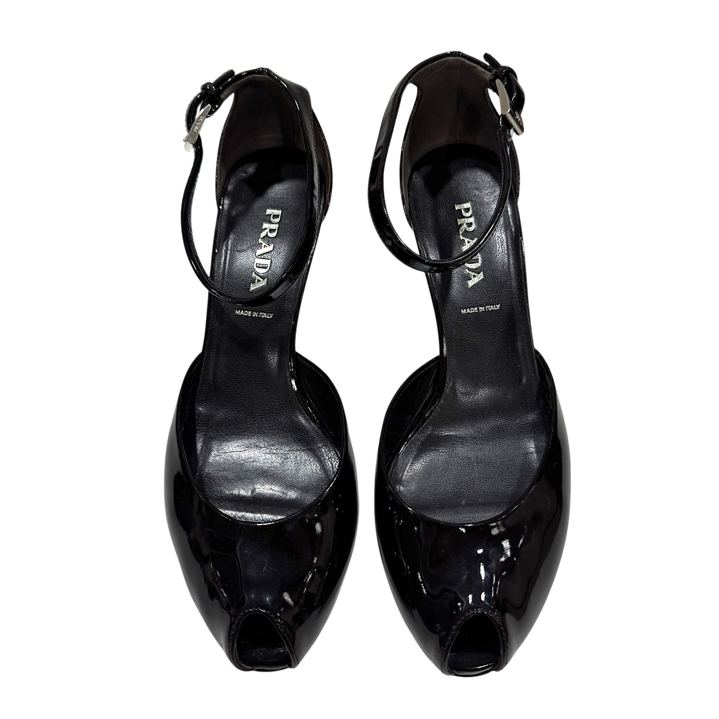 PRADA DARK BROWN PATENT LEATHER ANKLE STRAP HEELS