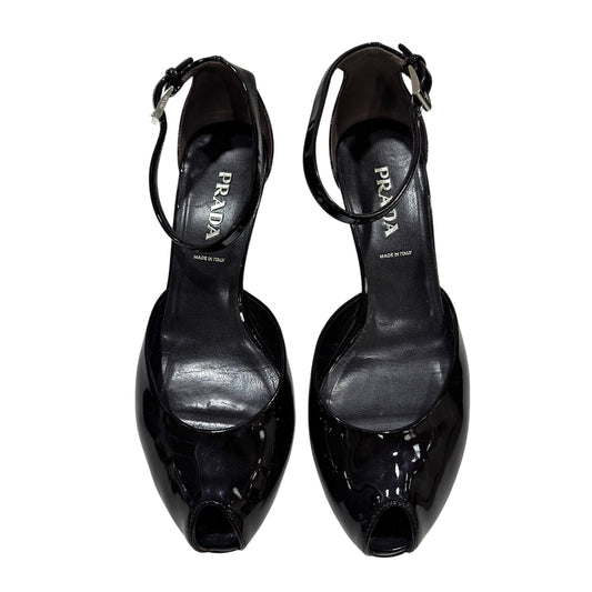 PRADA DARK BROWN PATENT LEATHER ANKLE STRAP HEELS