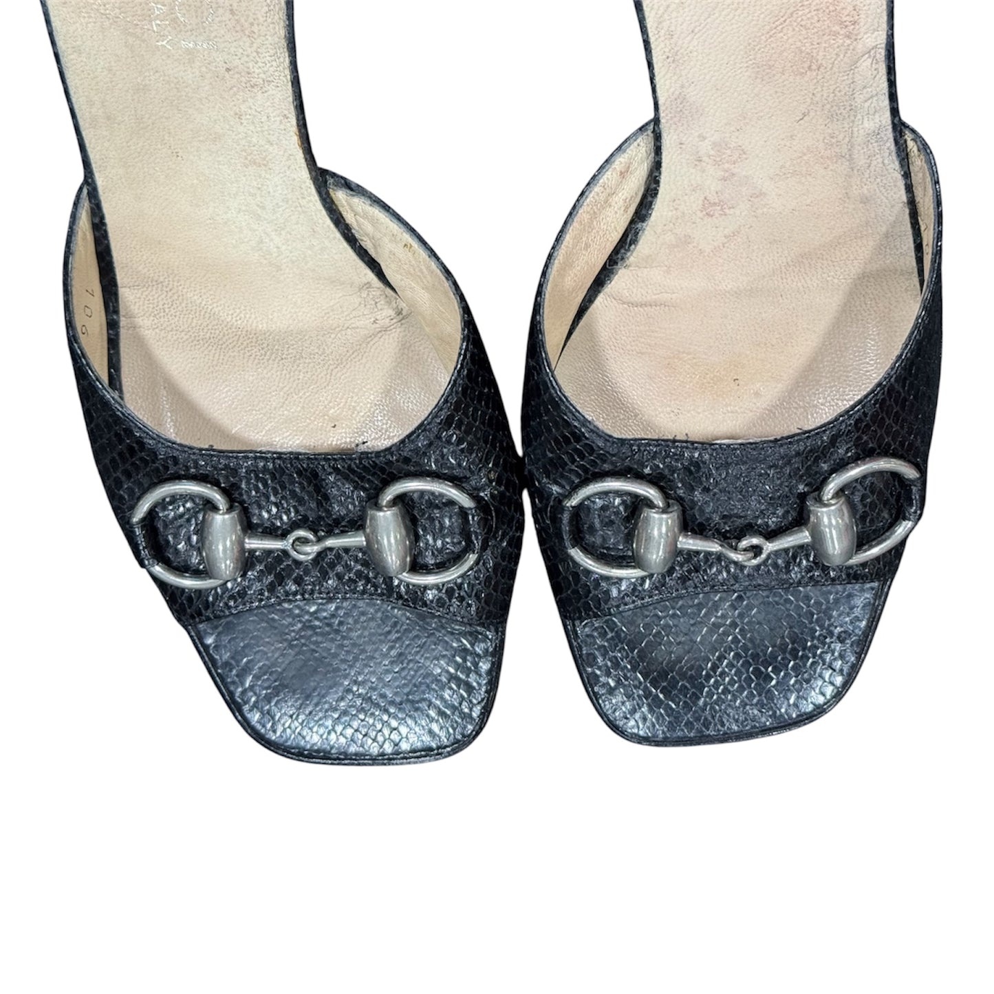 GUCCI BLACK HORSE BIT SNAKE SKIN LEATHER HEELS