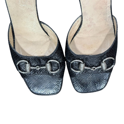 GUCCI BLACK HORSE BIT SNAKE SKIN LEATHER HEELS