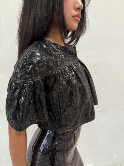 MOSCHINO RUFFLED SNAKE-PRINT LEATHER CROPPED BOLERO JACKET