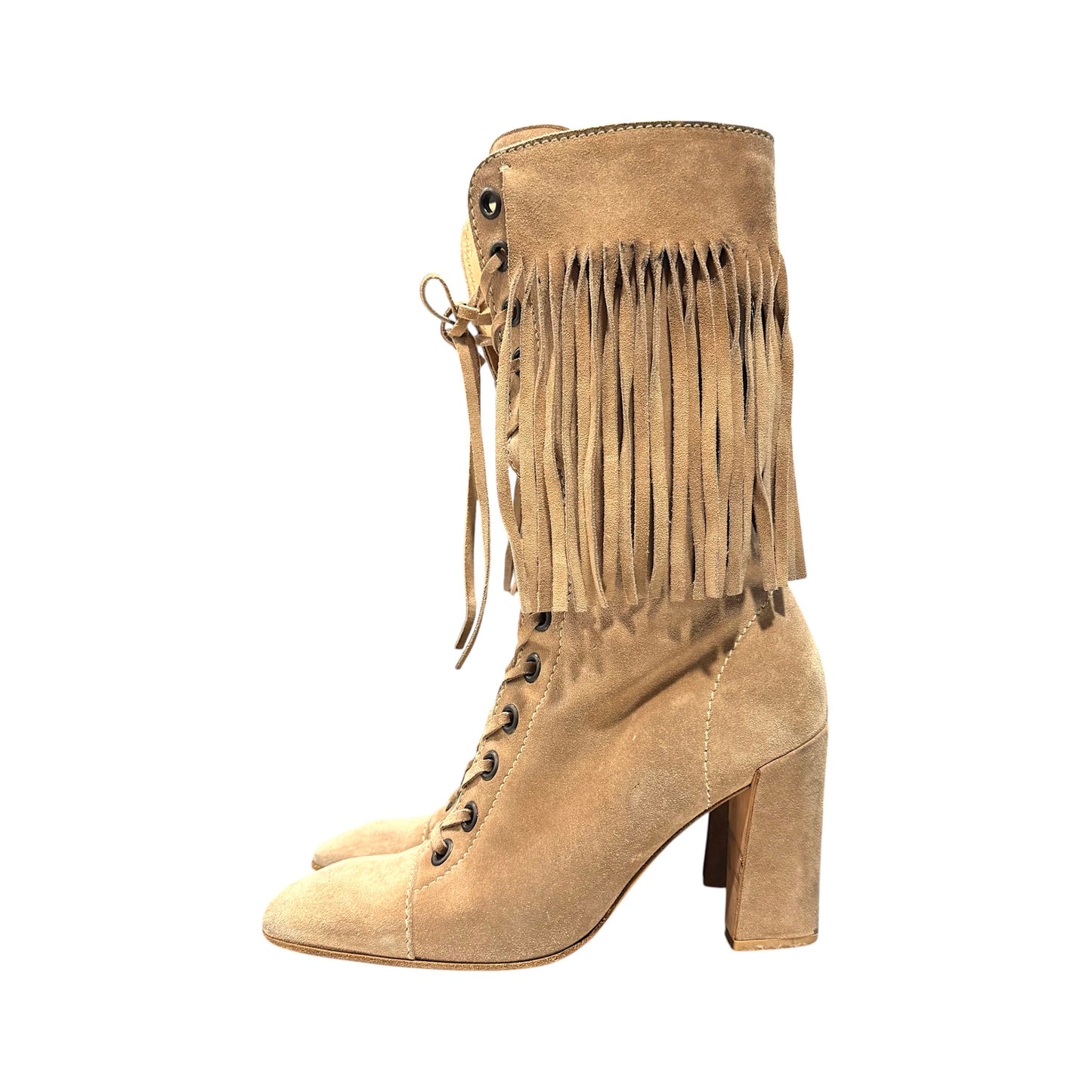 MIU MIU FRINGE TAUPE SUEDE BOOTS