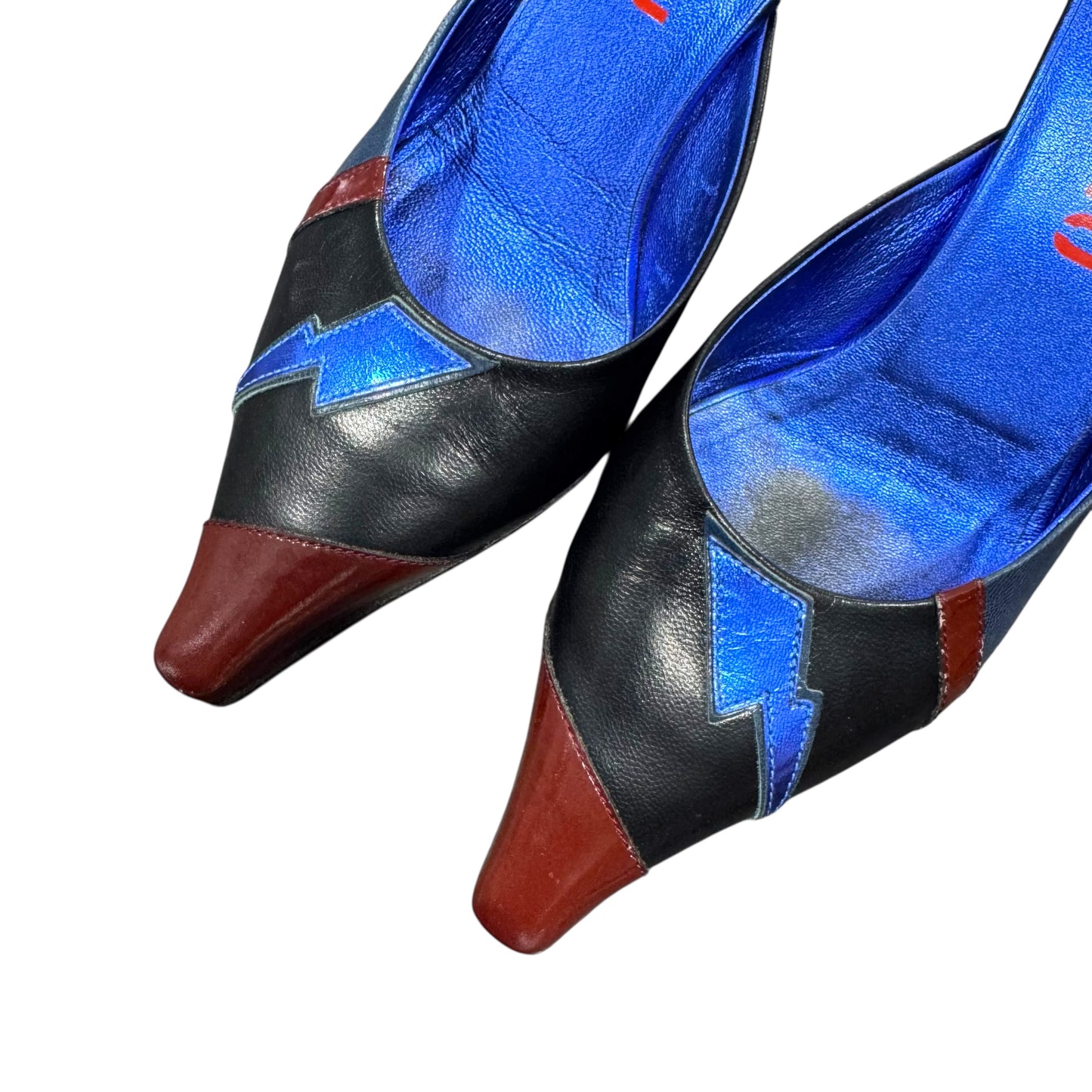 MIU MIU 2000S BLUE METALLIC LIGHT BOLT MULES