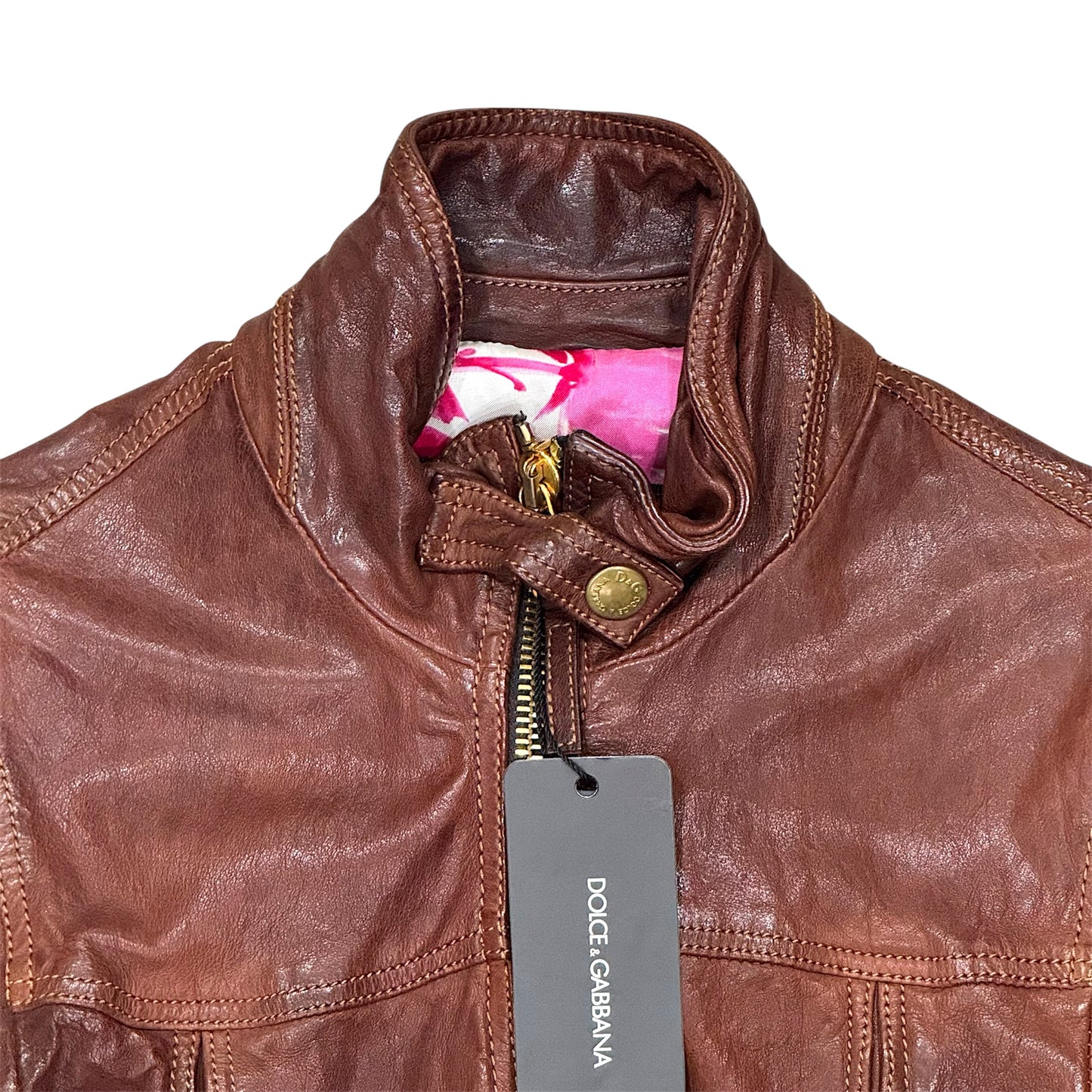 DOLCE & GABBANA BROWN DISTRESSED LEATHER JACKET