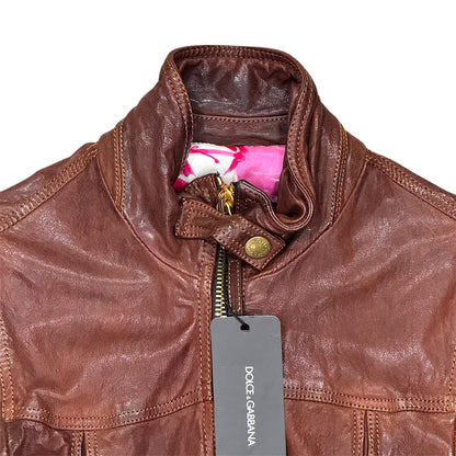 DOLCE & GABBANA BROWN DISTRESSED LEATHER JACKET