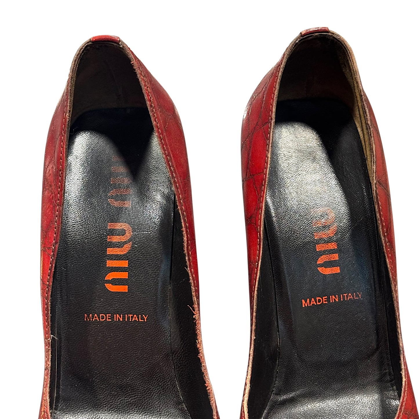 MIUMIU RED CROC LEATHER HEELS