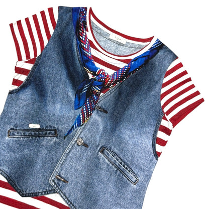 PAUL SMITH DENIM & SCARF OVER PRINTED T-SHIRT