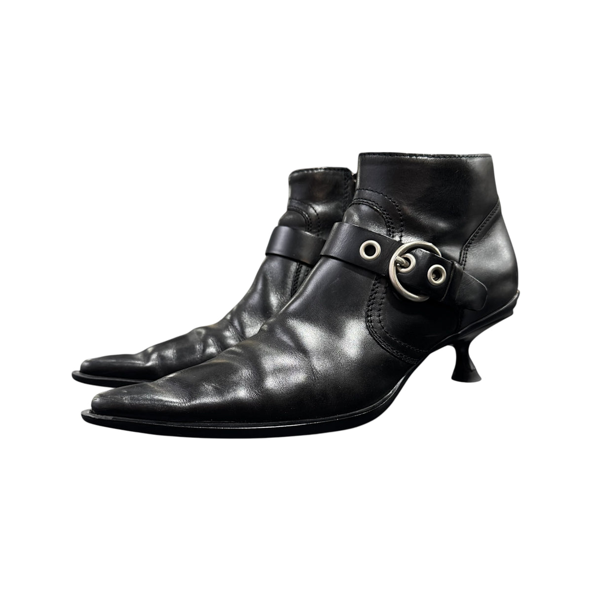 MIU MIU BLACK BUCKLED POINTED ANKLE BOOTS