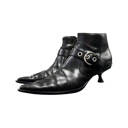 MIU MIU BLACK BUCKLED POINTED ANKLE BOOTS