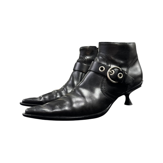 MIU MIU BLACK BUCKLED POINTED ANKLE BOOTS