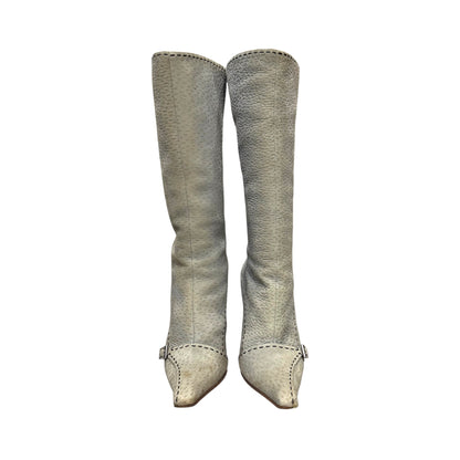 PRADA 2000S GREEN LEATHER BUCKLED KNEE HIGH BOOTS