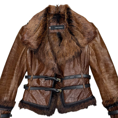 DSQUARED2 BROWN LEATHER FUR BUCKLED JACKET