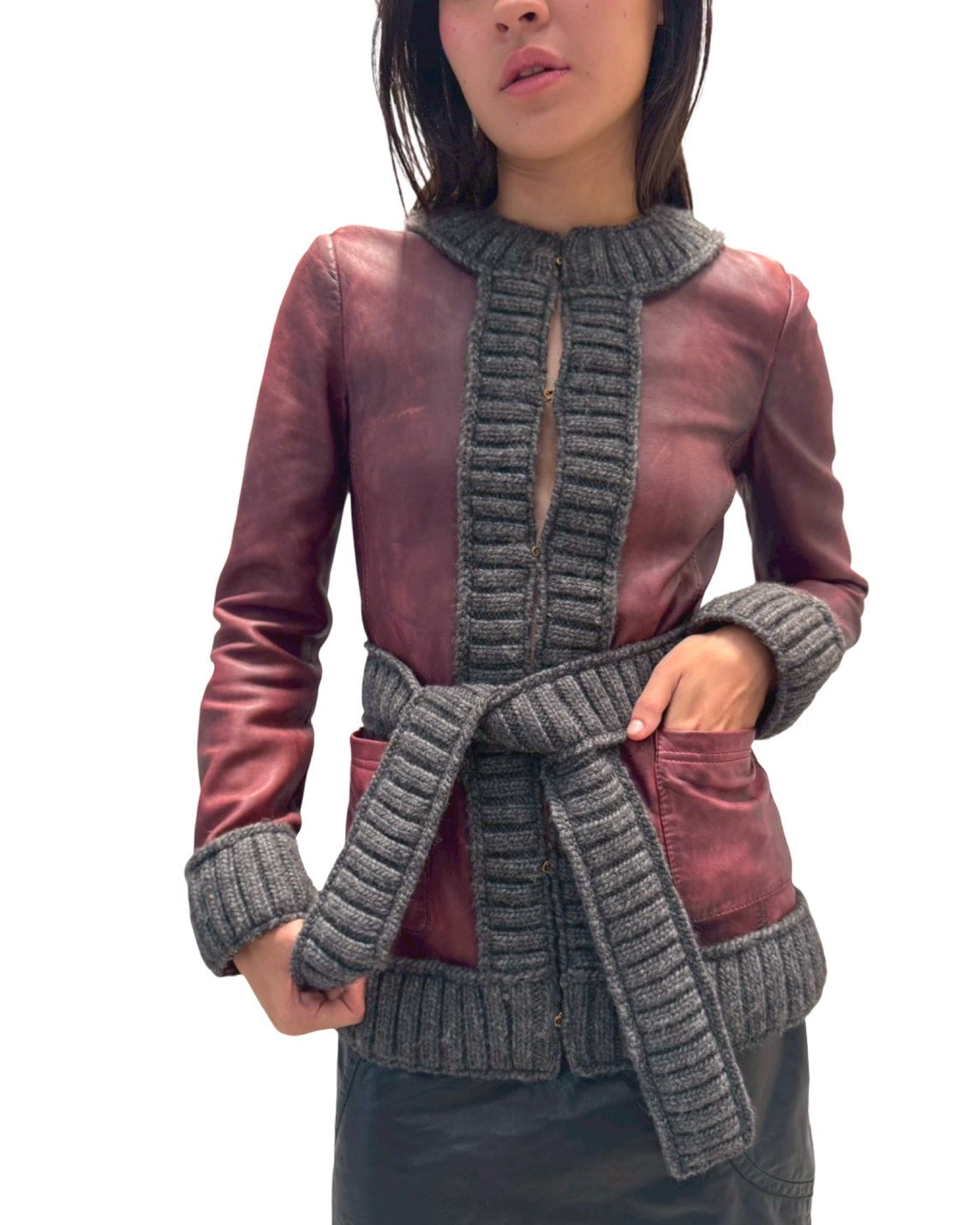 DOLCE & GABBANA 2000S RIBBED KNIT BURGUNDY LEATHER JACKET