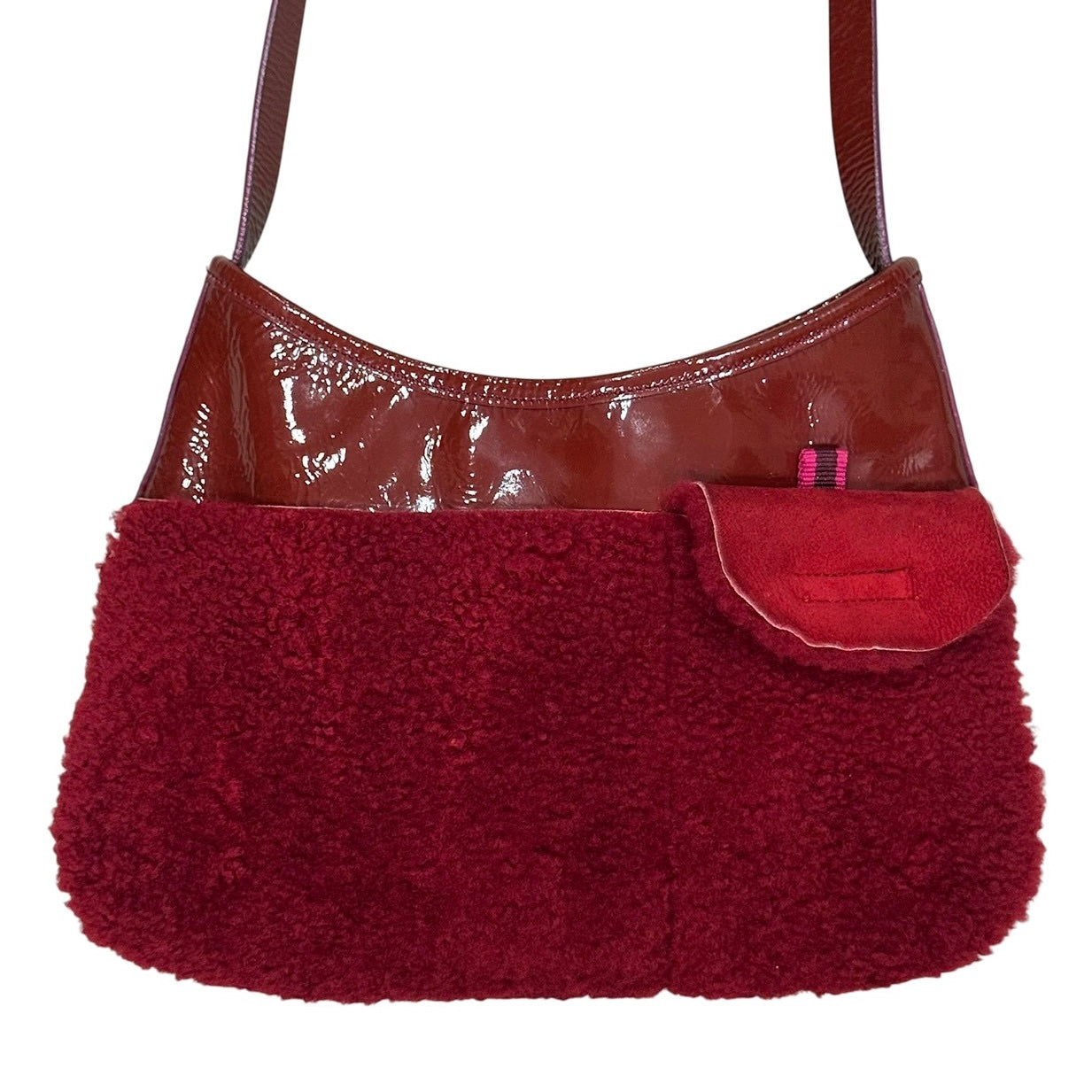 MIU MIU FW1999 RED MOUTON SHEARLING PATENT LEATHER CROSSBODY BAG