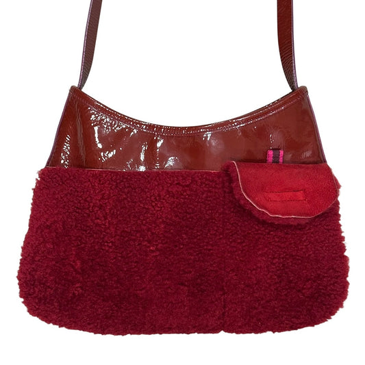 MIU MIU FW1999 RED MOUTON SHEARLING PATENT LEATHER CROSSBODY BAG