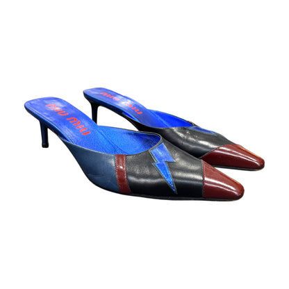 MIU MIU 2000S BLUE METALLIC LIGHT BOLT MULES