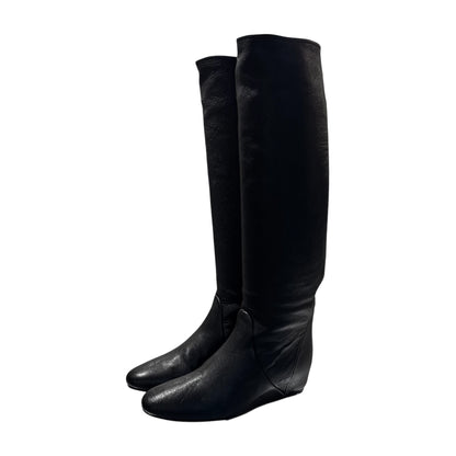 LANVIN BLACK LEATHER KNEE HIGH WEDGES BOOTS