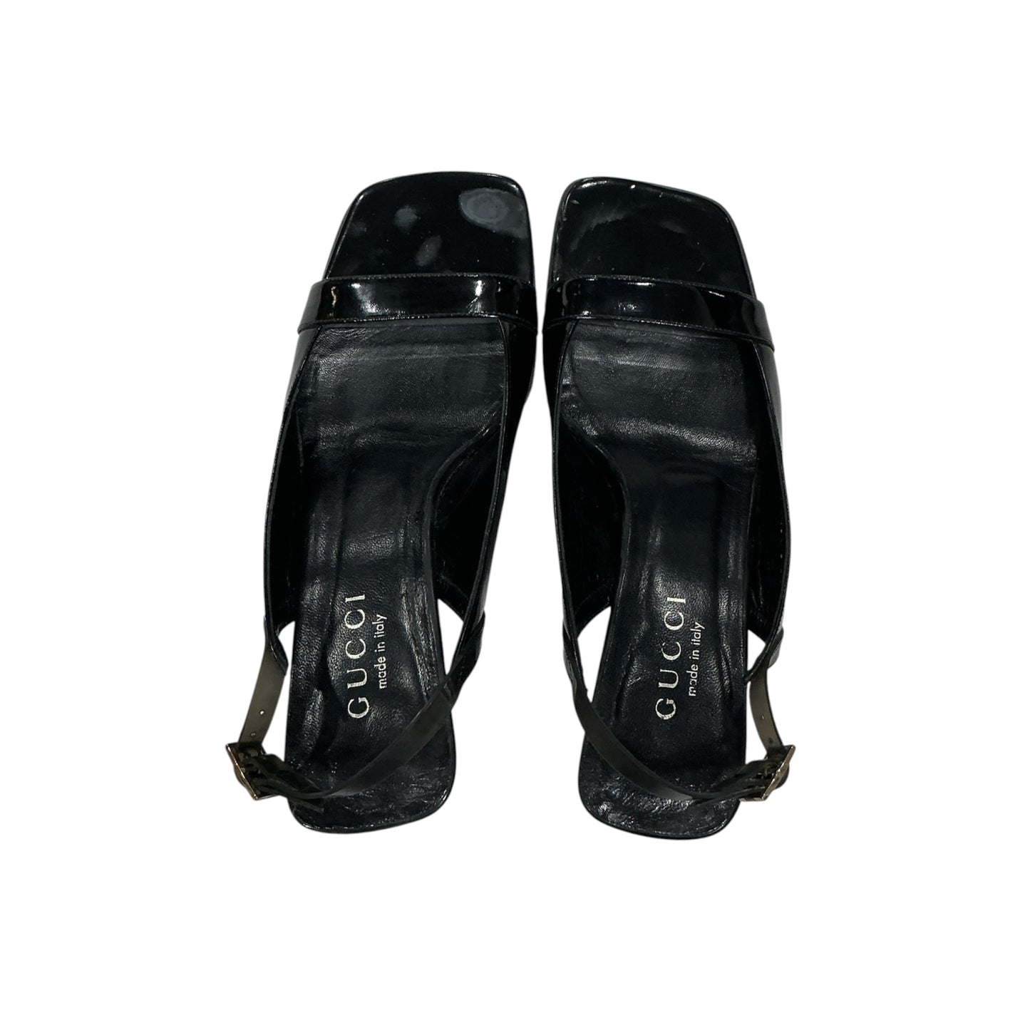 GUCCI BLACK PATENT LEATHER OPEN TOES HEELS