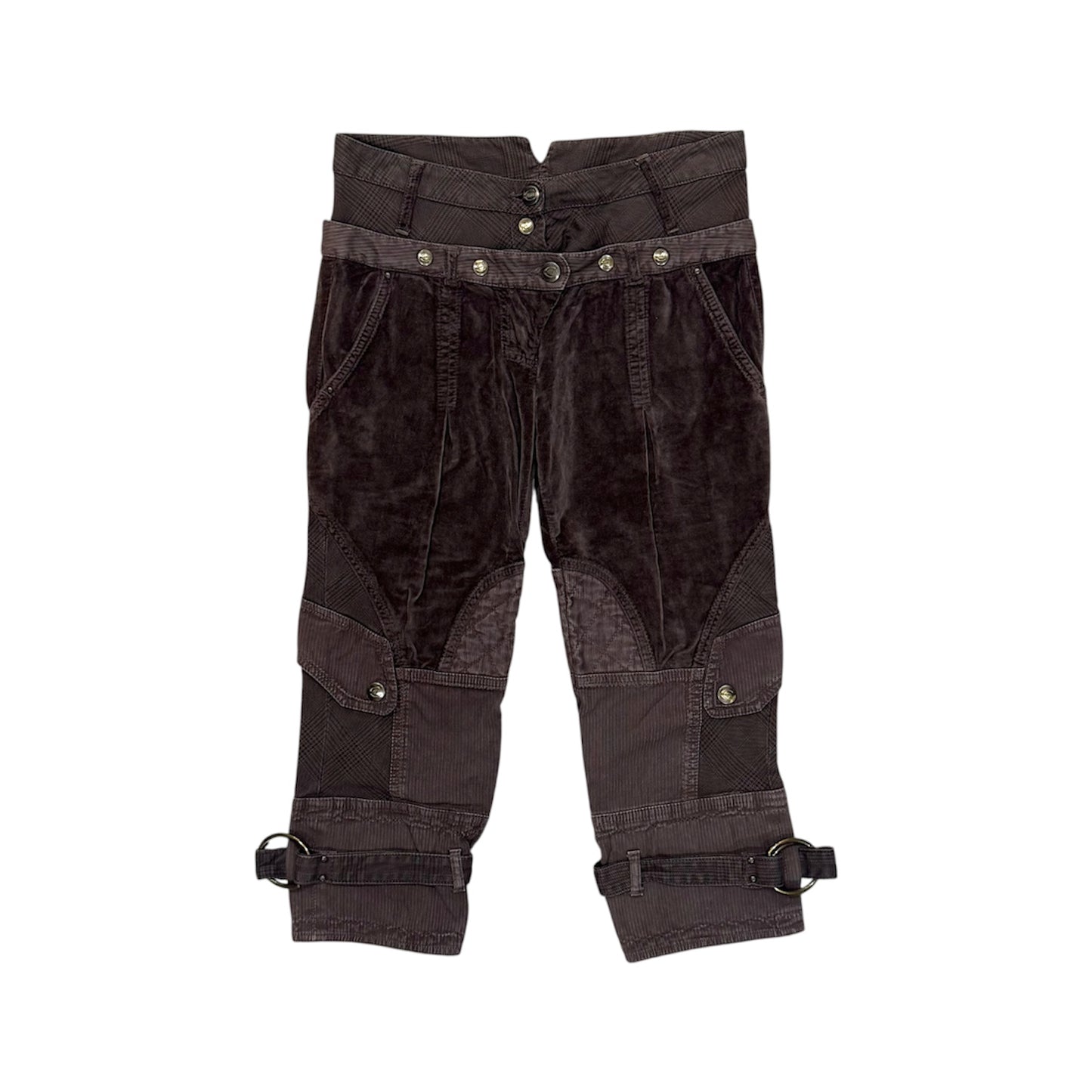 JUST CAVALLI BROWN VELVET DOUBLE WAIST PANELED CAPRIS