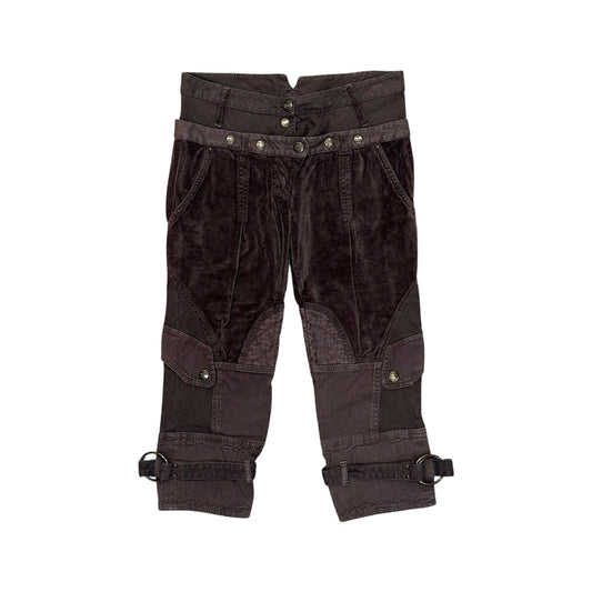 JUST CAVALLI BROWN VELVET DOUBLE WAIST PANELED CAPRIS