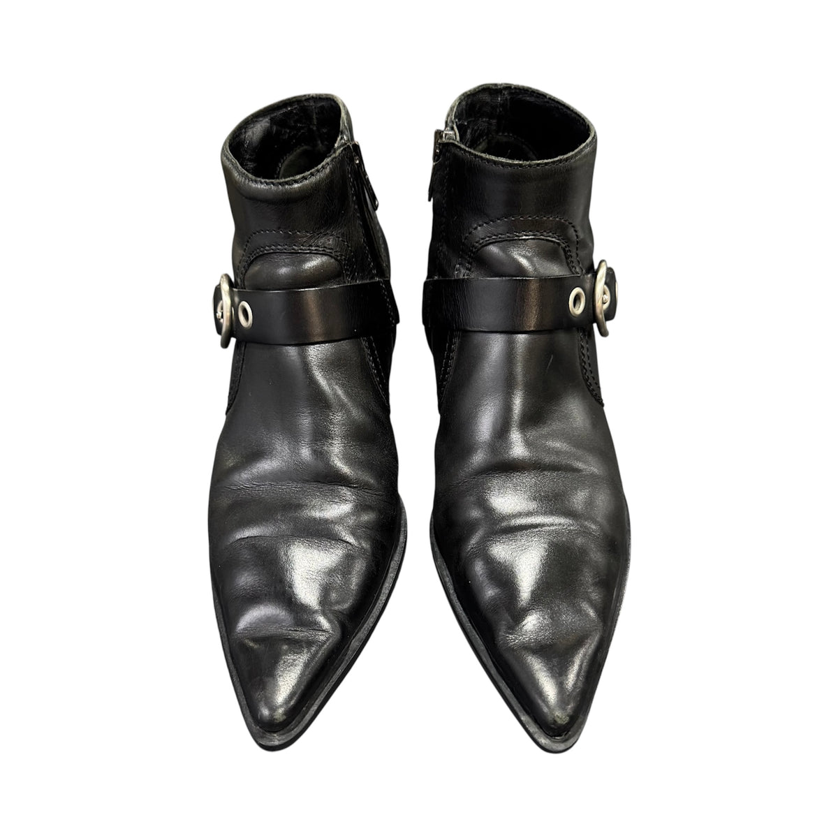 MIU MIU BLACK BUCKLED POINTED ANKLE BOOTS