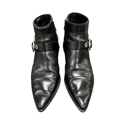MIU MIU BLACK BUCKLED POINTED ANKLE BOOTS
