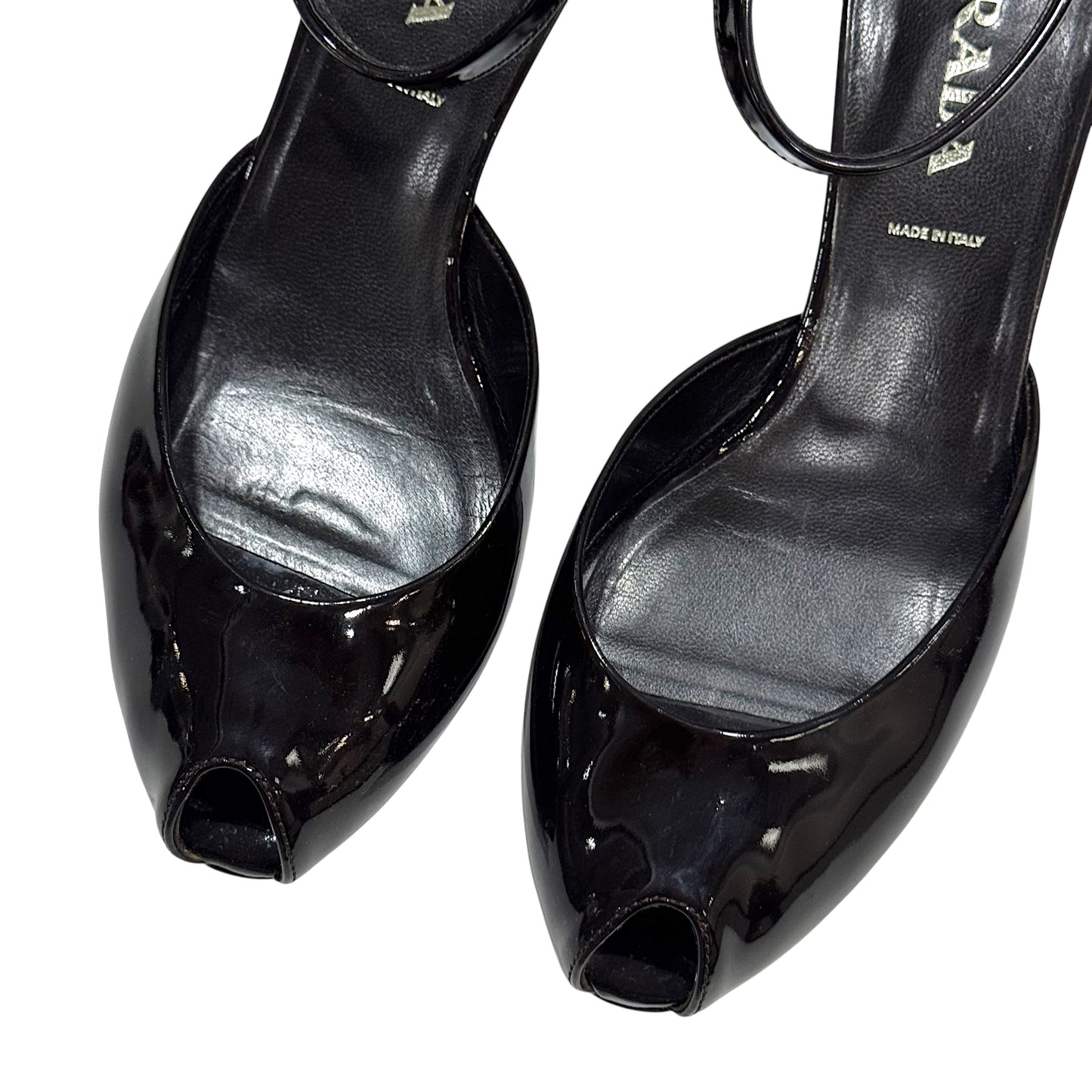 PRADA DARK BROWN PATENT LEATHER ANKLE STRAP HEELS