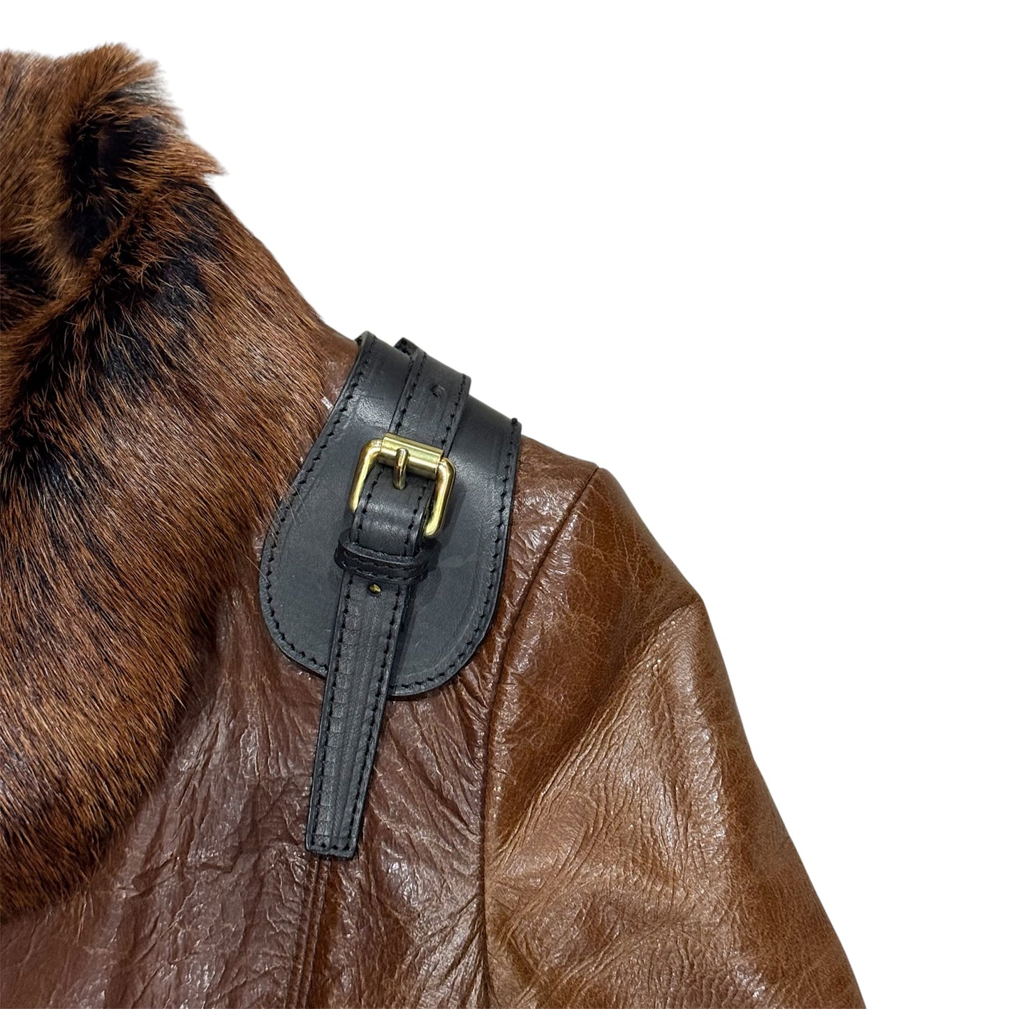 DSQUARED2 BROWN LEATHER FUR BUCKLED JACKET