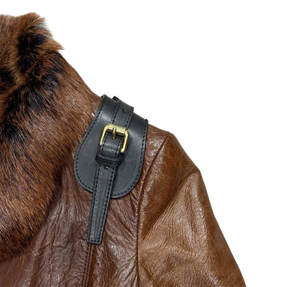 DSQUARED2 BROWN LEATHER FUR BUCKLED JACKET