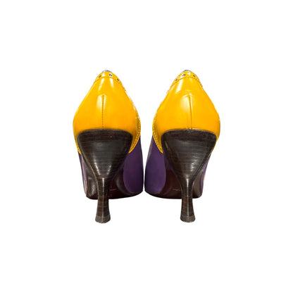 MIUMIU TWO-TONE MUSTARD AND PURPLE LEATHER PUMPS