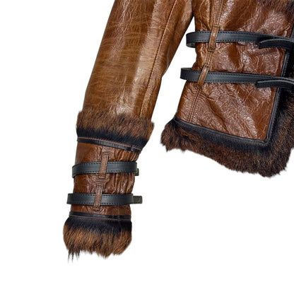 DSQUARED2 BROWN LEATHER FUR BUCKLED JACKET