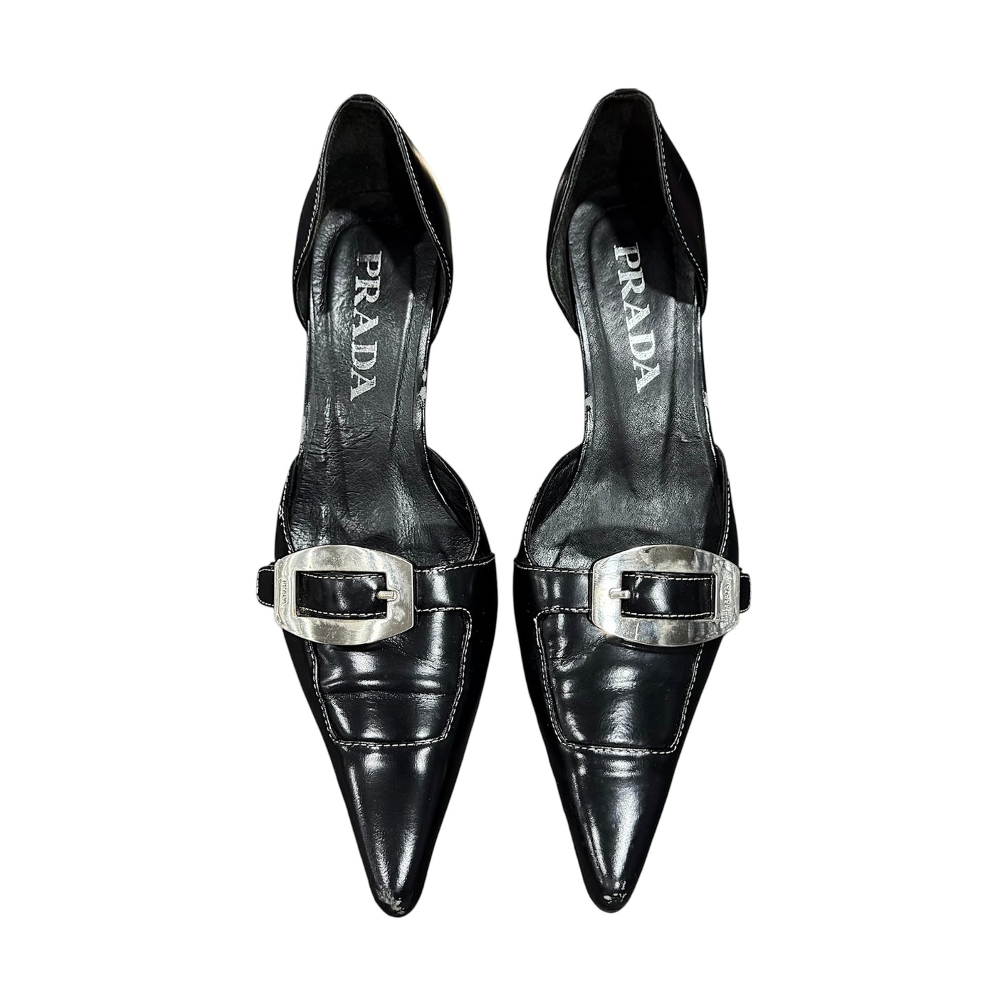 PRADA BUCKLED BLACK LEATHER KITTEN HEELS