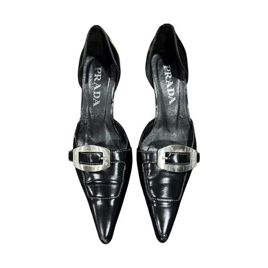 PRADA BUCKLED BLACK LEATHER KITTEN HEELS