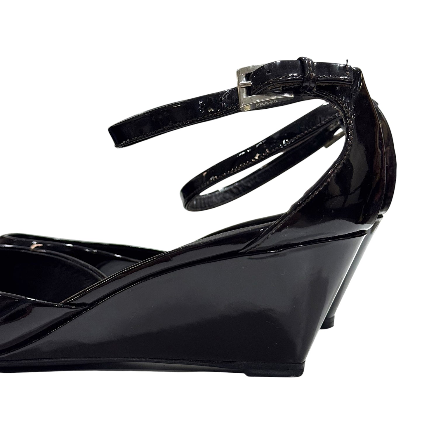 PRADA DARK BROWN PATENT LEATHER ANKLE STRAP HEELS