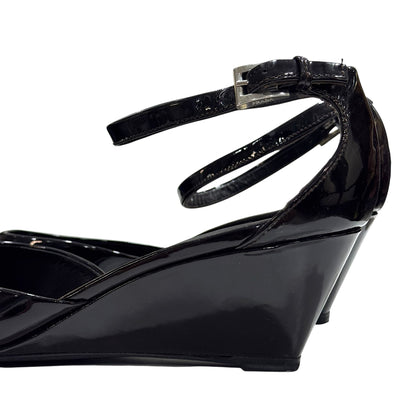 PRADA DARK BROWN PATENT LEATHER ANKLE STRAP HEELS