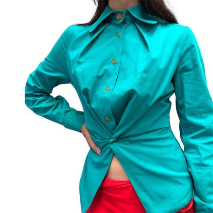 VIVIENNE WESTWOOD PLEATED TURQUOISE BLOUSE SHIRT