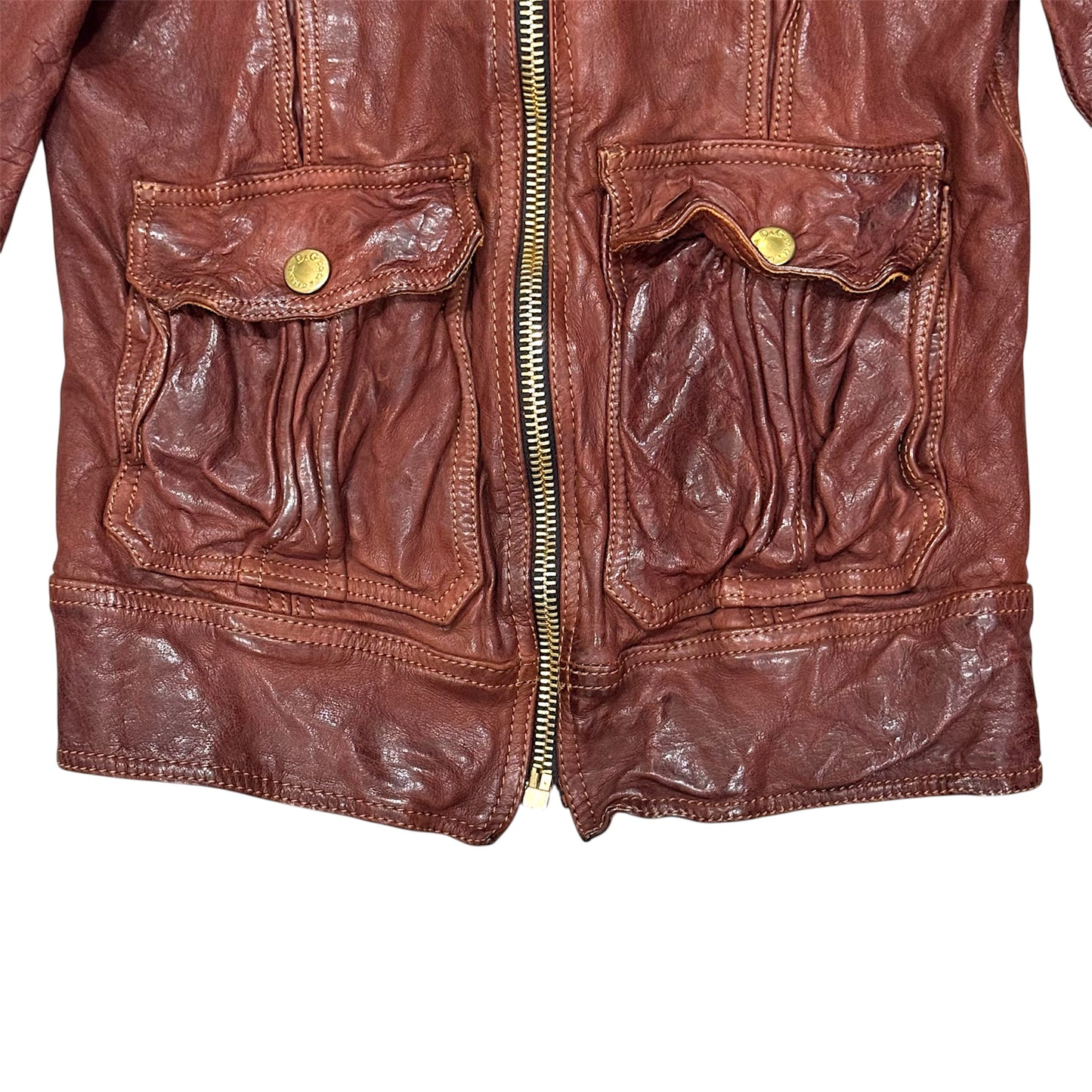 DOLCE & GABBANA BROWN DISTRESSED LEATHER JACKET