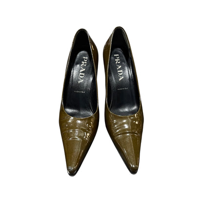 PRADA KHAKI PATENT LEATHER HEELS
