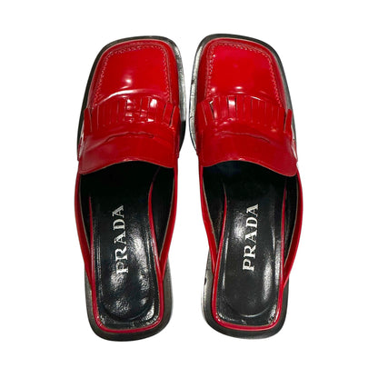 PRADA RED PATENT LEATHER LOAFER MULES