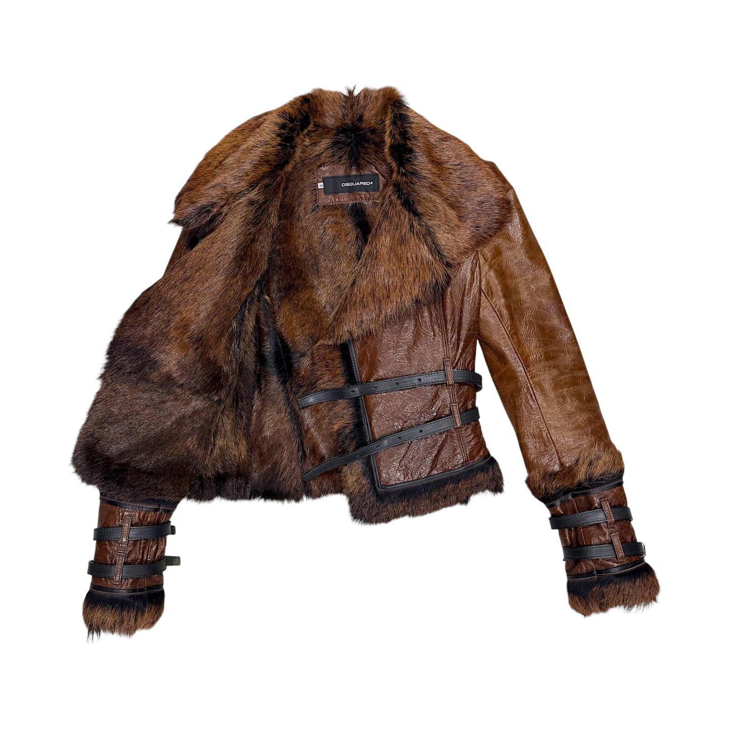 DSQUARED2 BROWN LEATHER FUR BUCKLED JACKET