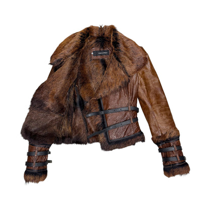 DSQUARED2 BROWN LEATHER FUR BUCKLED JACKET